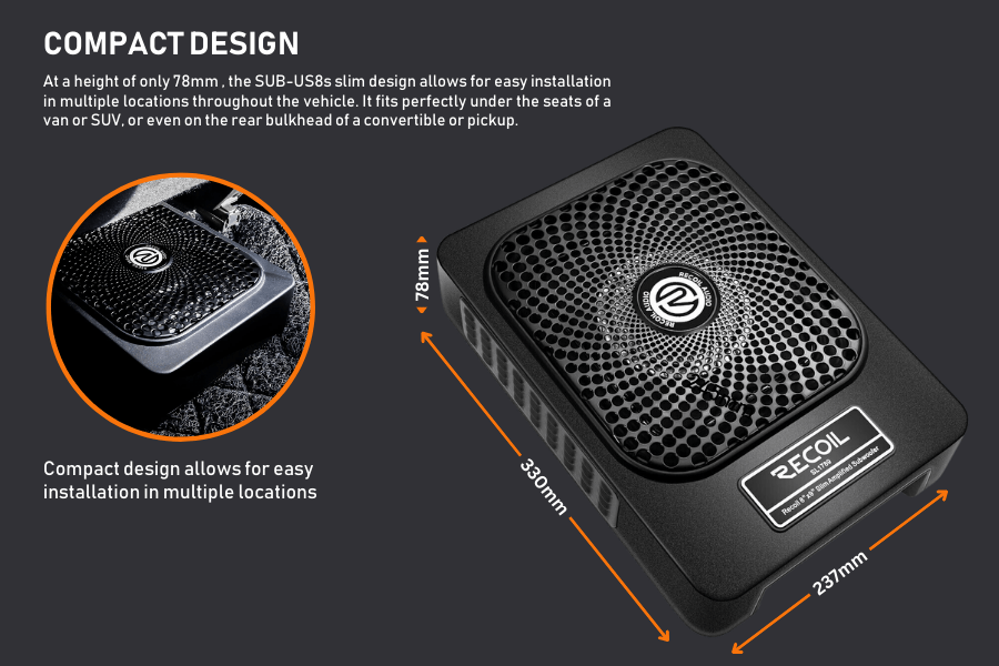 Pre-K + K 2年パッケージセット RECOIL 8-inch (200mm) 550W slim amplified underseat car subwoofer