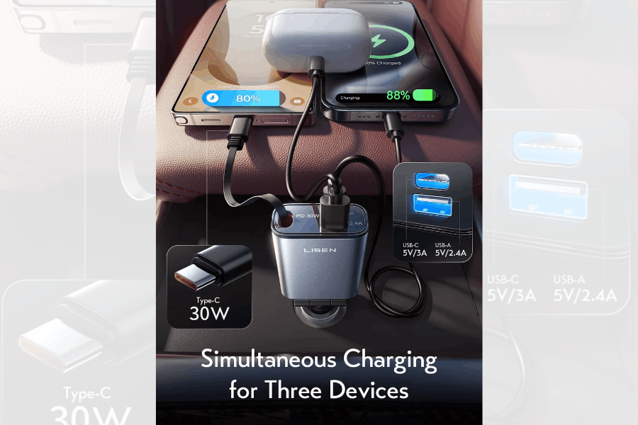 LISEN Retractable USB-C Car Charger 57W | InCarTec