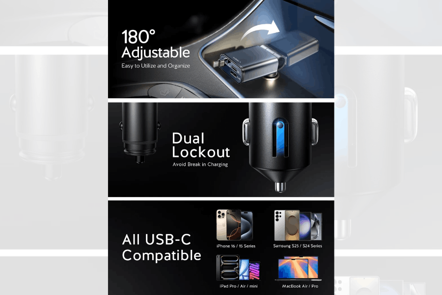 LISEN Retractable USB-C Car Charger 57W | InCarTec